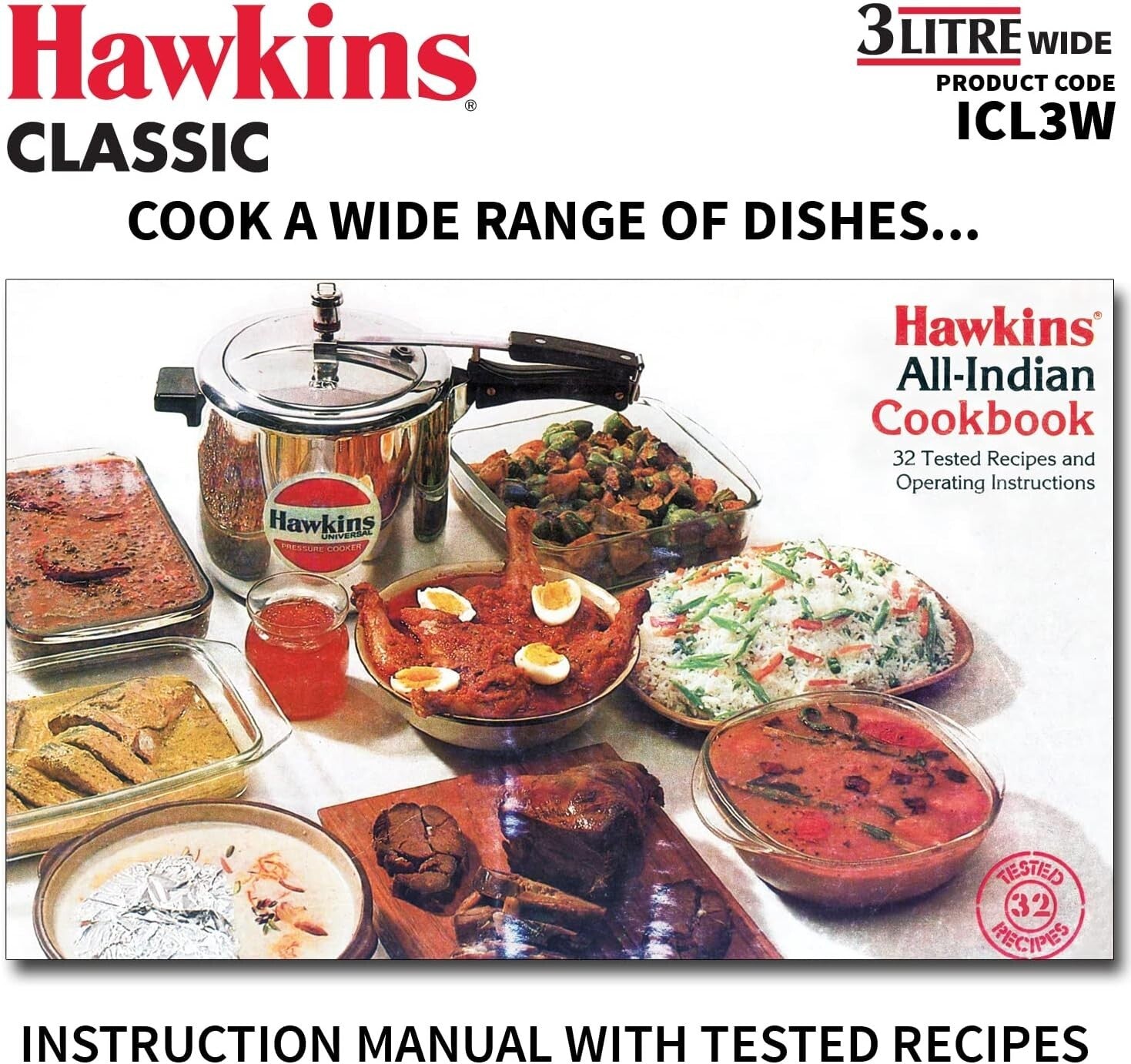 Hawkins Classic Induction Compatible Wide Pressure Cooker, 3 Litre Capacity